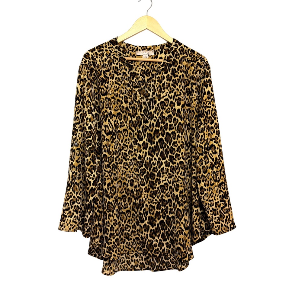 Misia‎ Curvy Leopard Print Split Neck Roll Tab Blouse 3X Brown KT348X-F647
